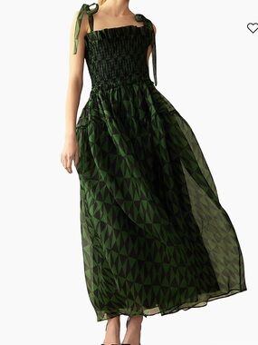 Cynthia Rowley Green Geometric Tie-Shoulder Smocked Maxi Dress